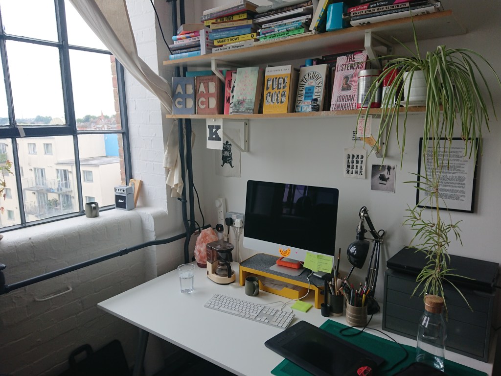 Desk space of book cover designer Jack Smyth in London